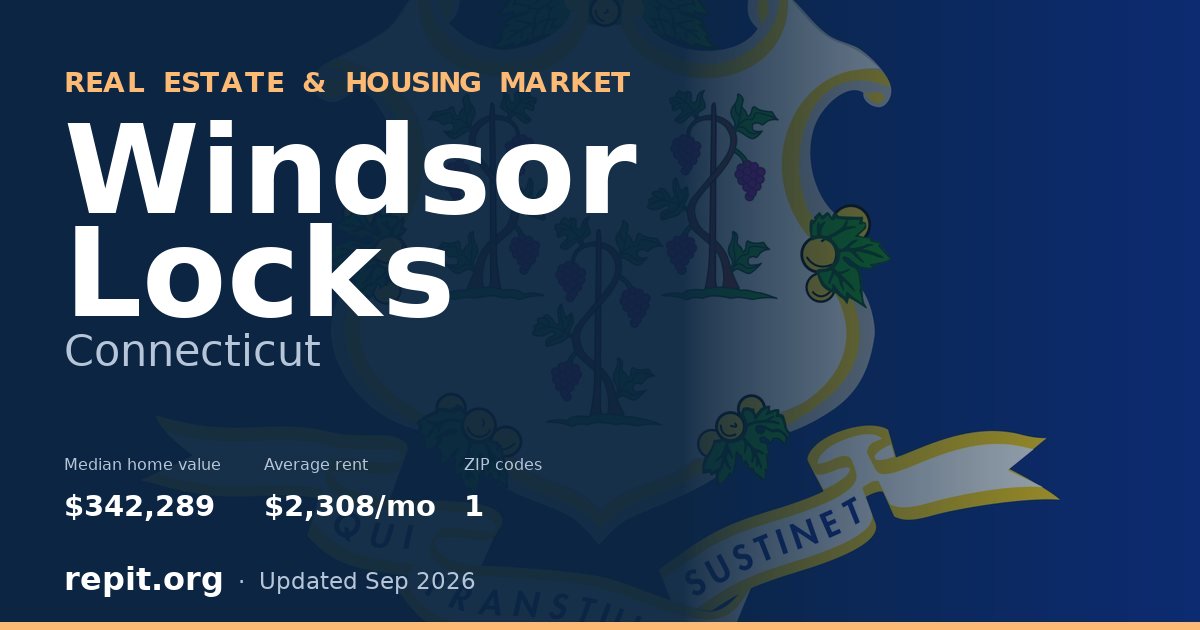 Windsor Locks, CT real estate and housing market — median home value $342,289, average rent $2,308/mo, 1 ZIP code