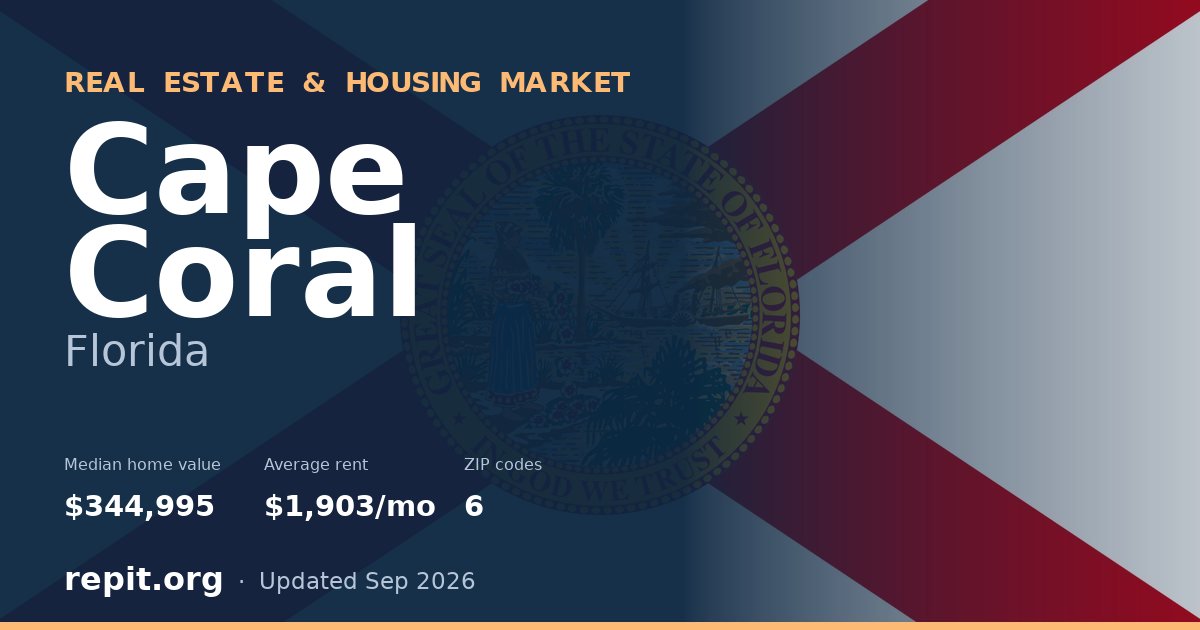 Cape Coral, FL real estate and housing market — median home value $344,995, average rent $1,903/mo, 6 ZIP codes