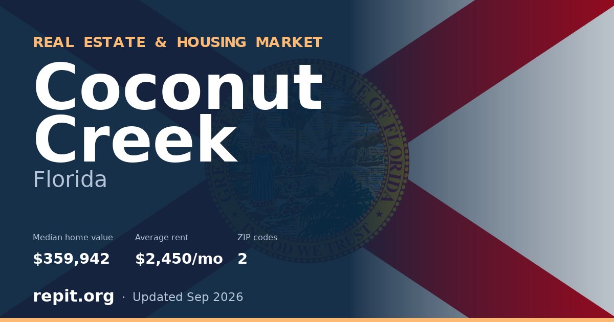Coconut Creek, FL real estate and housing market — median home value $359,942, average rent $2,450/mo, 2 ZIP codes