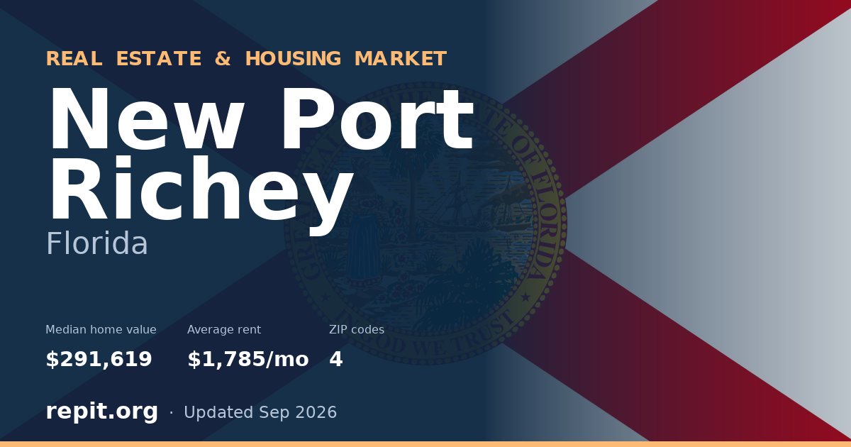 New Port Richey, FL real estate and housing market — median home value $291,619, average rent $1,785/mo, 4 ZIP codes