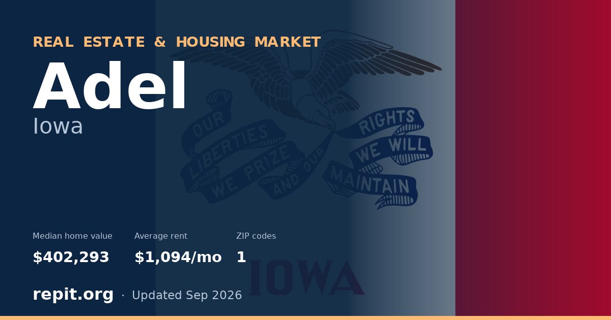 Adel, IA real estate and housing market — median home value $402,293, average rent $1,094/mo, 1 ZIP code