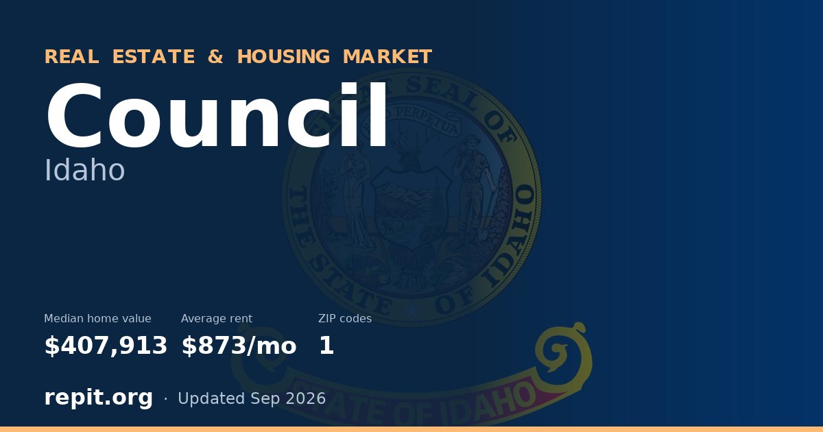 Council, ID real estate and housing market — median home value $407,913, average rent $873/mo, 1 ZIP code