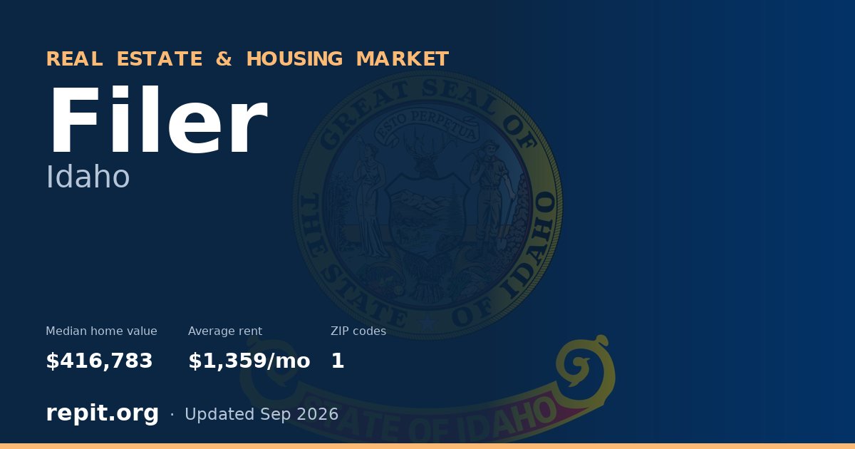 Filer, ID real estate and housing market — median home value $416,783, average rent $1,359/mo, 1 ZIP code