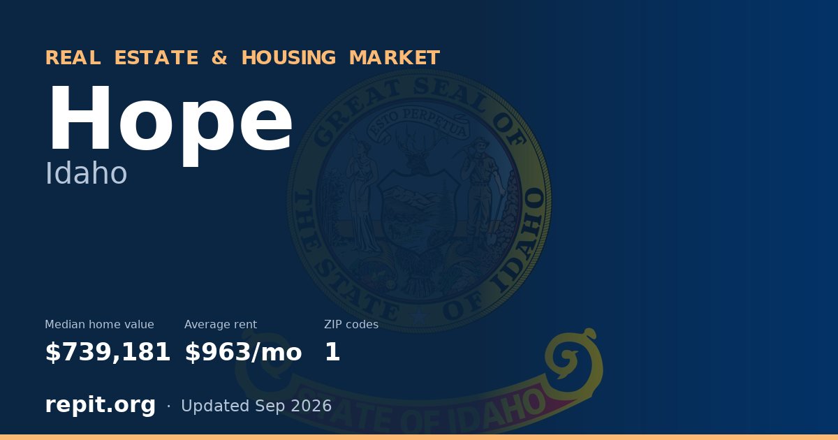 Hope, ID real estate and housing market — median home value $739,181, average rent $963/mo, 1 ZIP code
