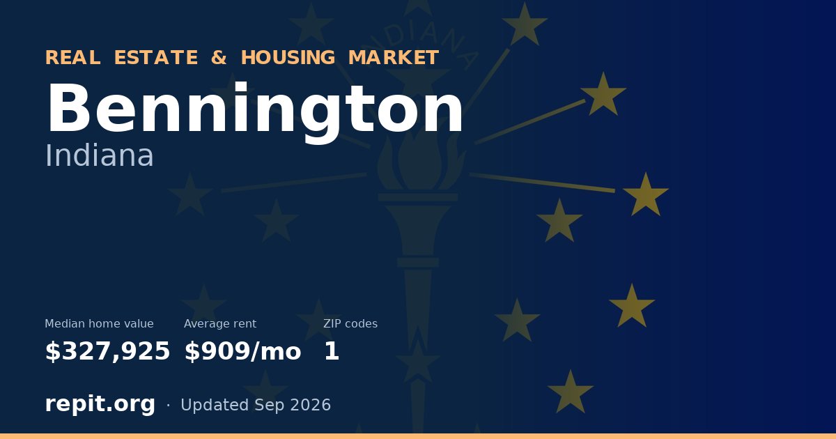Bennington, IN real estate and housing market — median home value $327,925, average rent $909/mo, 1 ZIP code