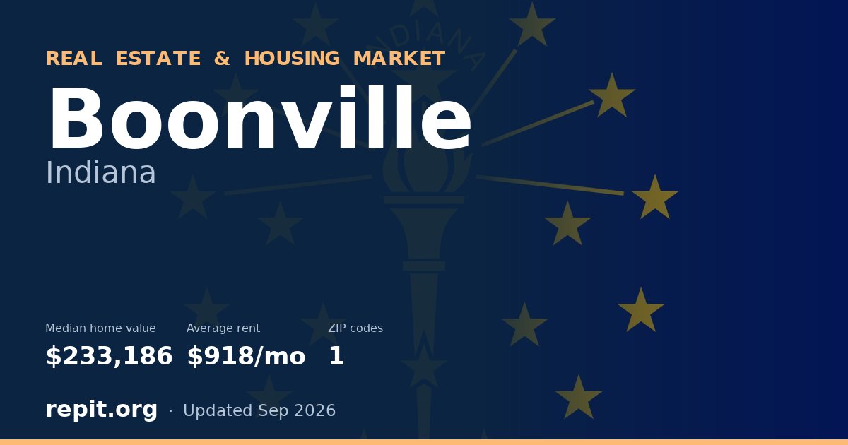 Boonville, IN real estate and housing market — median home value $233,186, average rent $918/mo, 1 ZIP code