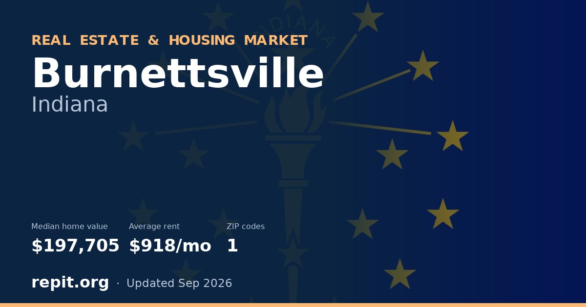 Burnettsville, IN real estate and housing market — median home value $197,705, average rent $918/mo, 1 ZIP code