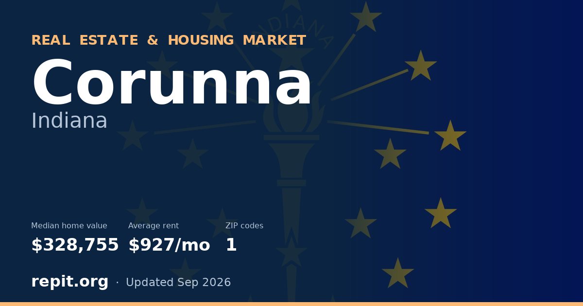 Corunna, IN real estate and housing market — median home value $328,755, average rent $927/mo, 1 ZIP code