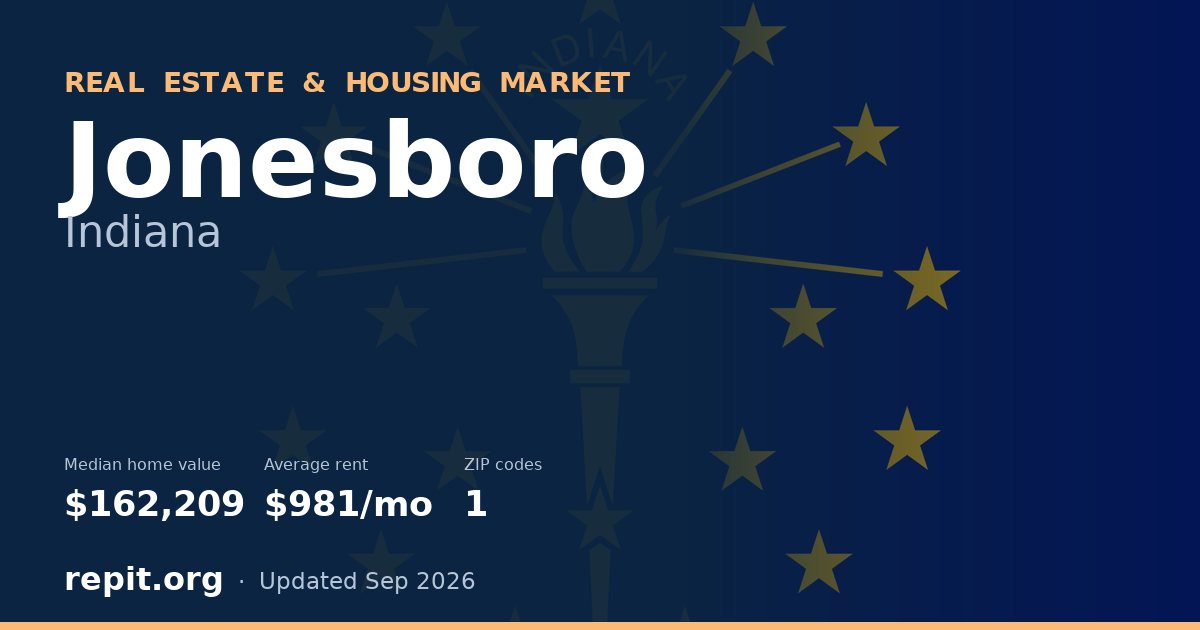 Jonesboro, IN real estate and housing market — median home value $162,209, average rent $981/mo, 1 ZIP code