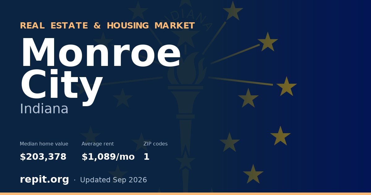 Monroe City, IN real estate and housing market — median home value $203,378, average rent $1,089/mo, 1 ZIP code