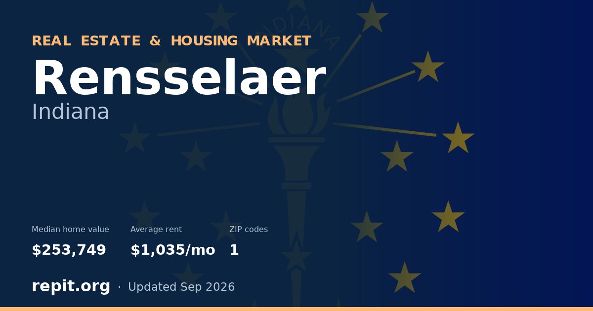Rensselaer, IN real estate and housing market — median home value $253,749, average rent $1,035/mo, 1 ZIP code
