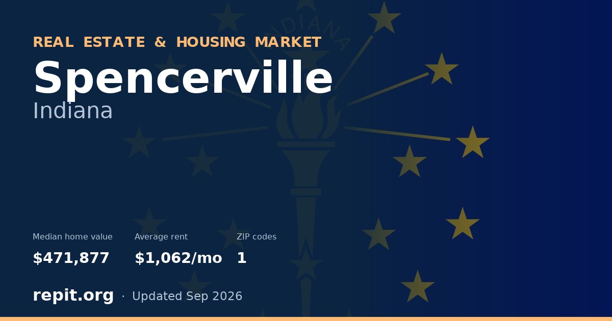 Spencerville, IN real estate and housing market — median home value $471,877, average rent $1,062/mo, 1 ZIP code
