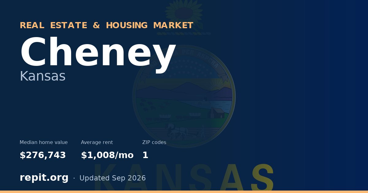 Cheney, KS real estate and housing market — median home value $276,743, average rent $1,008/mo, 1 ZIP code