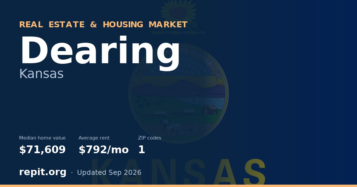Dearing, KS real estate and housing market — median home value $71,609, average rent $792/mo, 1 ZIP code