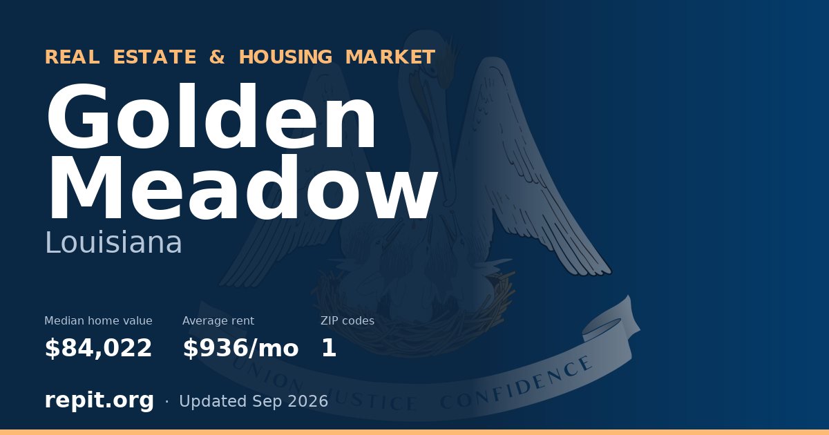 Golden Meadow, LA real estate and housing market — median home value $84,022, average rent $936/mo, 1 ZIP code