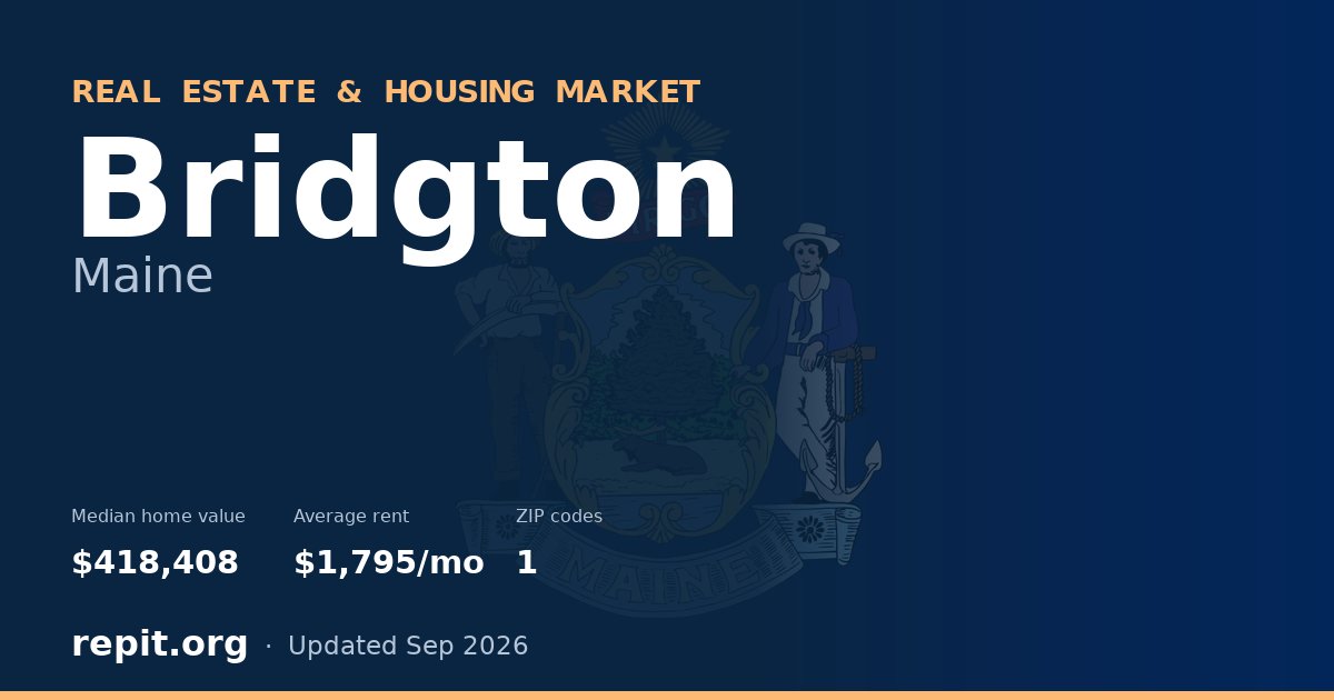 Bridgton, ME real estate and housing market — median home value $418,408, average rent $1,795/mo, 1 ZIP code