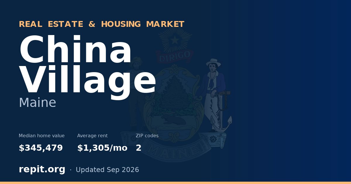 China Village, ME real estate and housing market — median home value $345,479, average rent $1,305/mo, 2 ZIP codes
