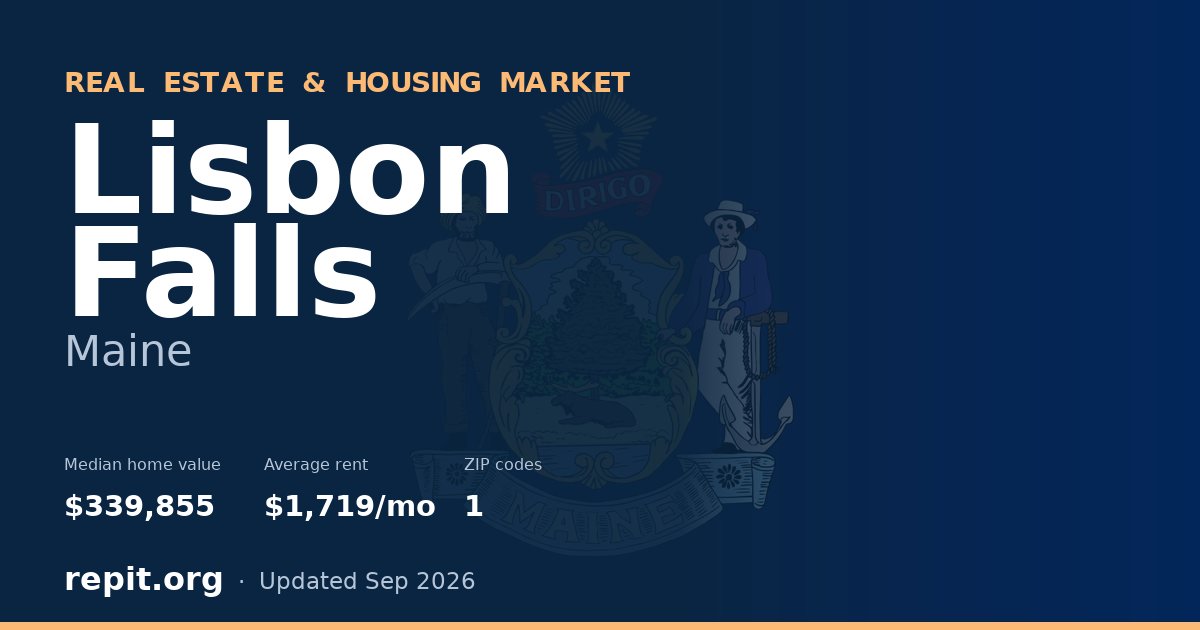 Lisbon Falls, ME real estate and housing market — median home value $339,855, average rent $1,719/mo, 1 ZIP code