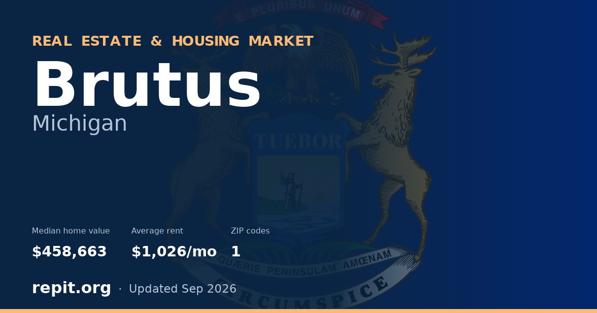 Brutus, MI real estate and housing market — median home value $458,663, average rent $1,026/mo, 1 ZIP code