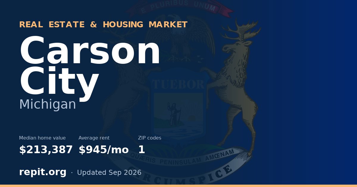 Carson City, MI real estate and housing market — median home value $213,387, average rent $945/mo, 1 ZIP code