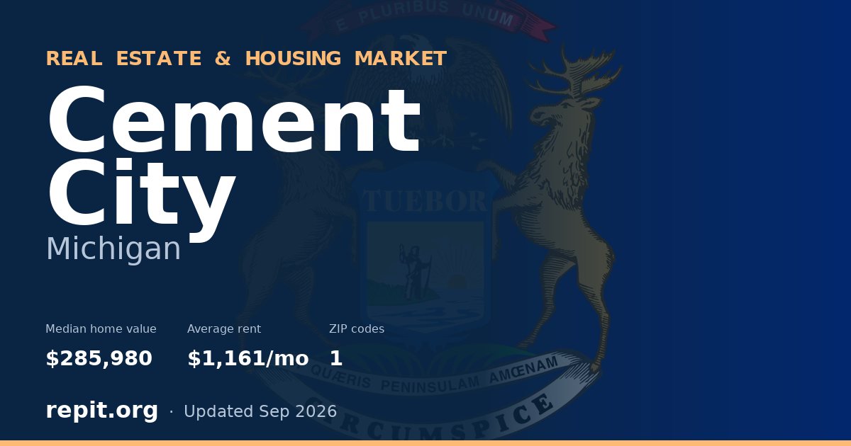 Cement City, MI real estate and housing market — median home value $285,980, average rent $1,161/mo, 1 ZIP code