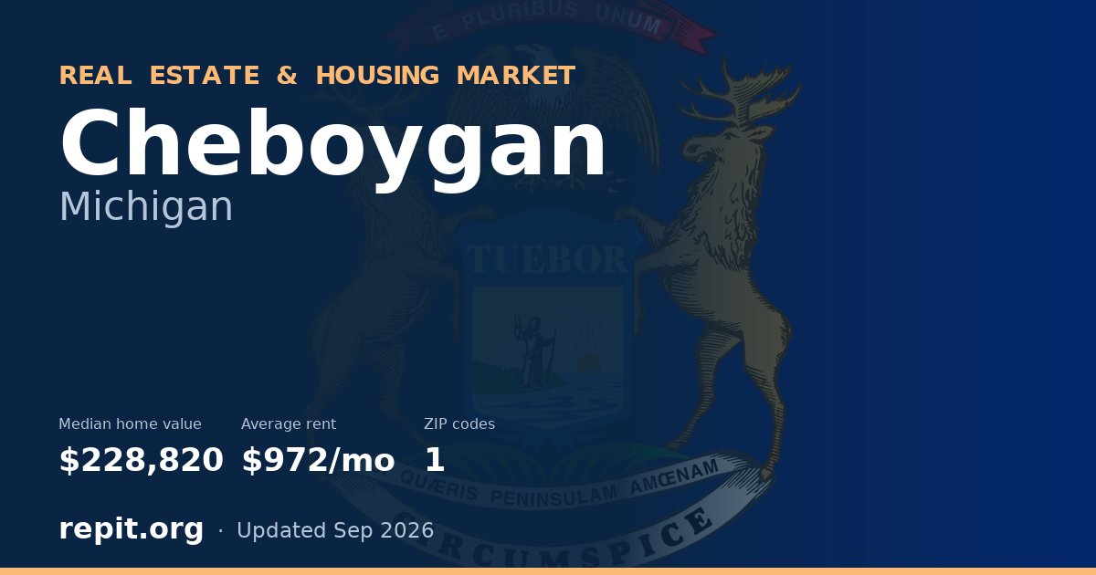 Cheboygan, MI real estate and housing market — median home value $228,820, average rent $972/mo, 1 ZIP code
