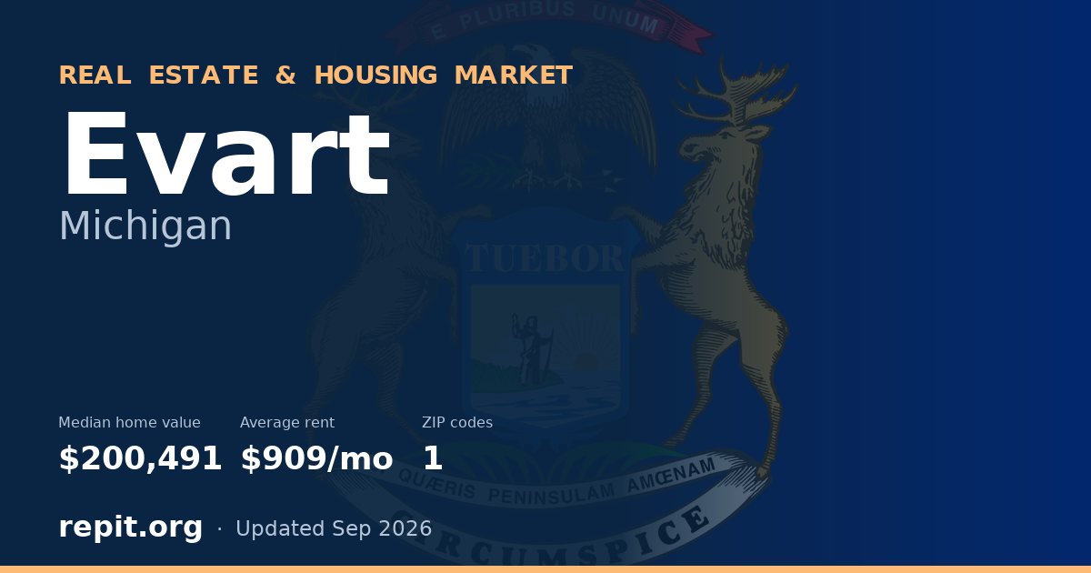 Evart, MI real estate and housing market — median home value $200,491, average rent $909/mo, 1 ZIP code