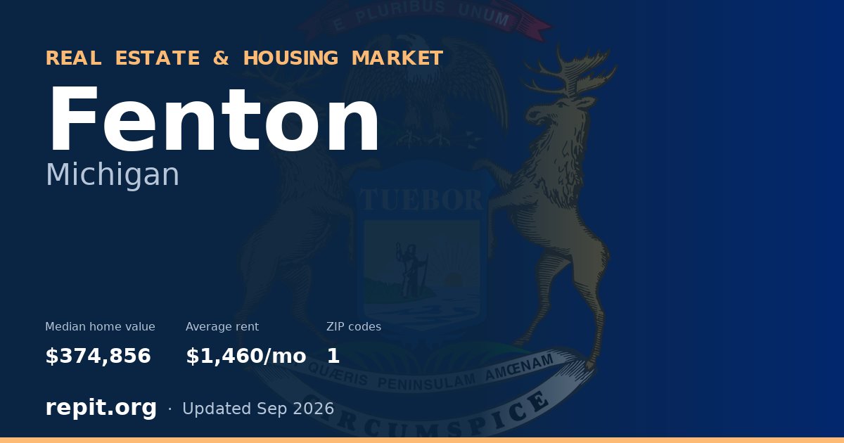 Fenton, MI real estate and housing market — median home value $374,856, average rent $1,460/mo, 1 ZIP code