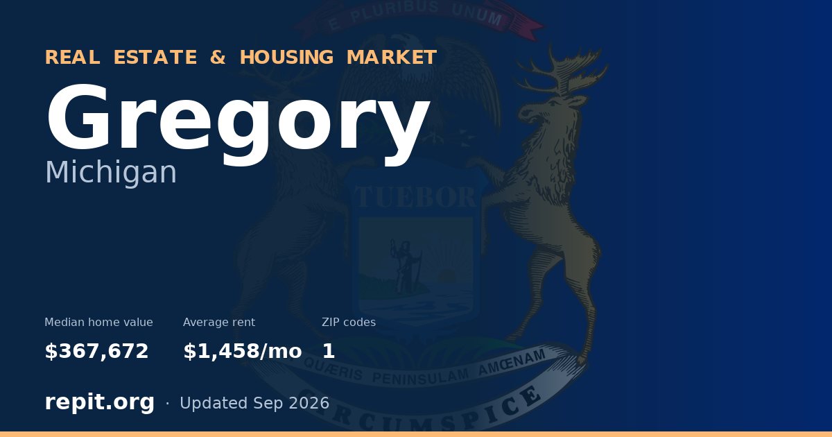 Gregory, MI real estate and housing market — median home value $367,672, average rent $1,458/mo, 1 ZIP code