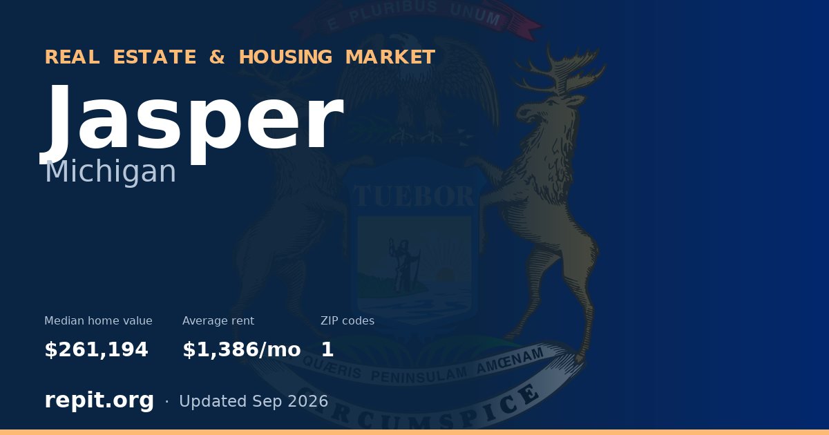 Jasper, MI real estate and housing market — median home value $261,194, average rent $1,386/mo, 1 ZIP code
