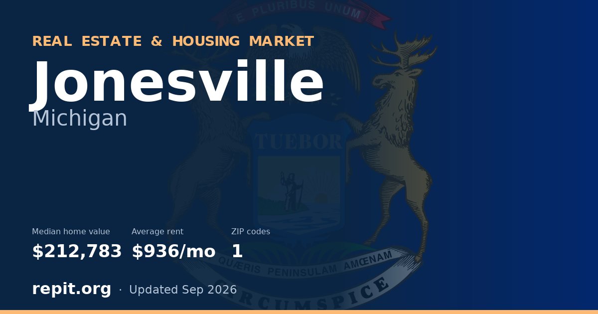Jonesville, MI real estate and housing market — median home value $212,783, average rent $936/mo, 1 ZIP code