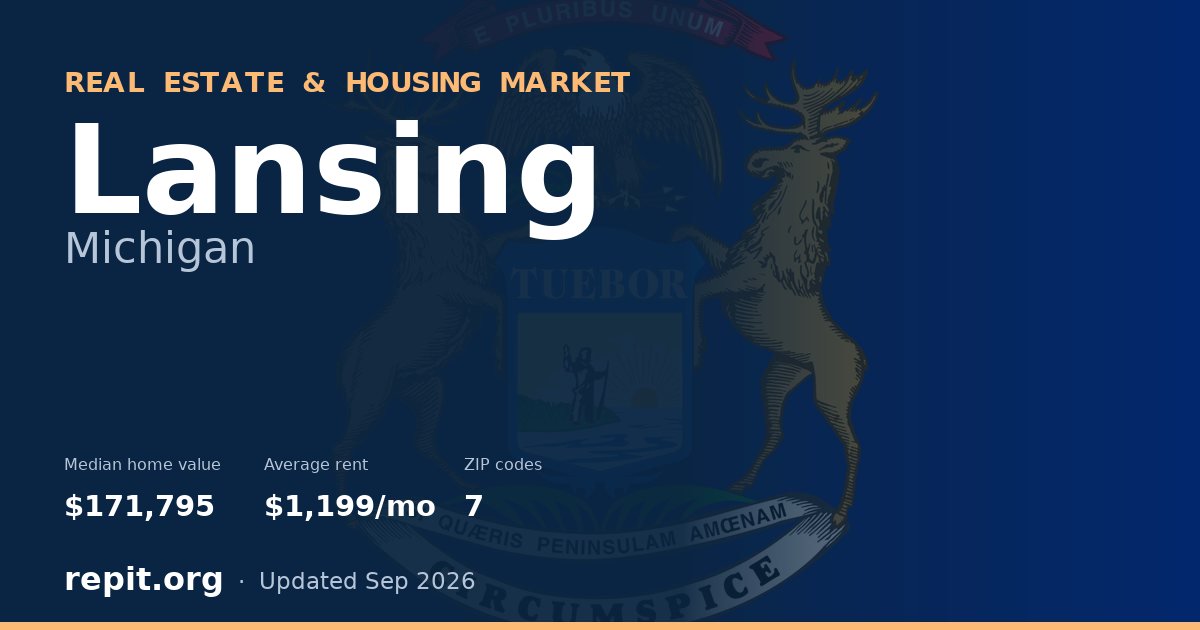 Lansing, MI real estate and housing market — median home value $171,795, average rent $1,199/mo, 7 ZIP codes