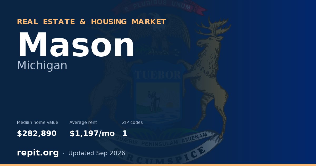 Mason, MI real estate and housing market — median home value $282,890, average rent $1,197/mo, 1 ZIP code