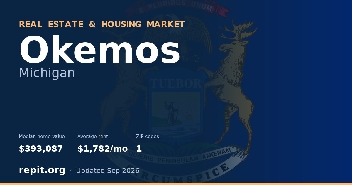 Okemos, MI real estate and housing market — median home value $393,087, average rent $1,782/mo, 1 ZIP code