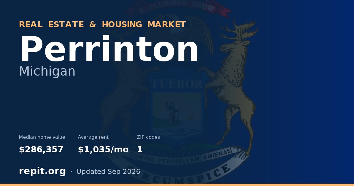 Perrinton, MI real estate and housing market — median home value $286,357, average rent $1,035/mo, 1 ZIP code