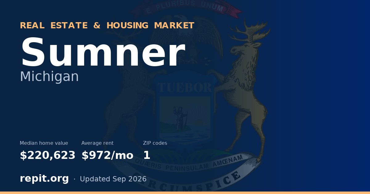 Sumner, MI real estate and housing market — median home value $220,623, average rent $972/mo, 1 ZIP code