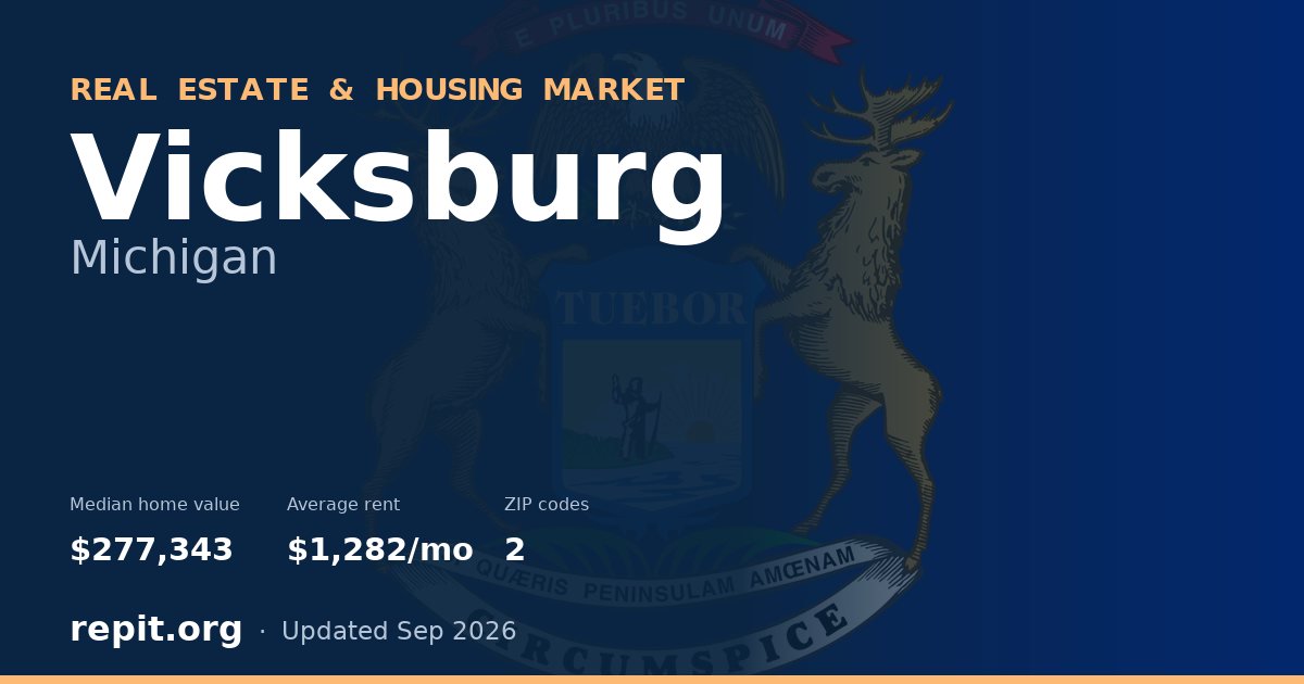 Vicksburg, MI real estate and housing market — median home value $277,343, average rent $1,282/mo, 2 ZIP codes