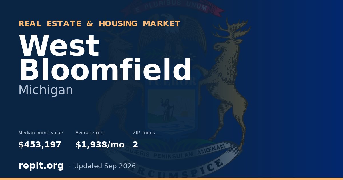West Bloomfield, MI real estate and housing market — median home value $453,197, average rent $1,938/mo, 2 ZIP codes