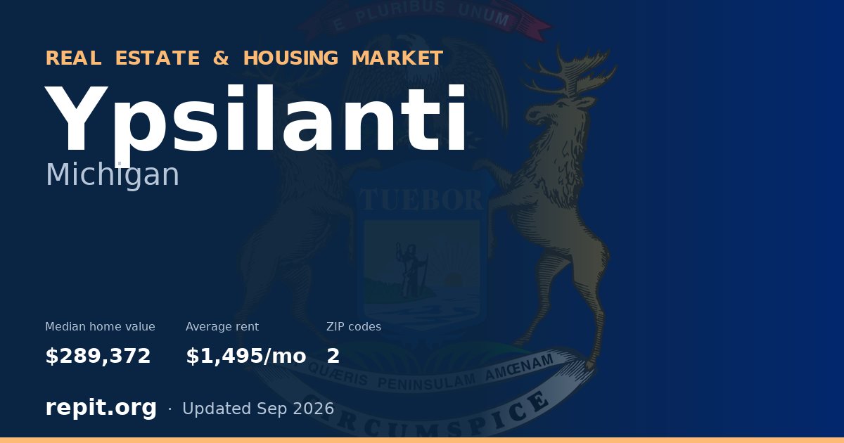 Ypsilanti, MI real estate and housing market — median home value $289,372, average rent $1,495/mo, 2 ZIP codes