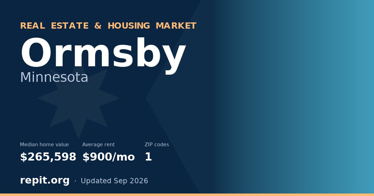 Ormsby, MN real estate and housing market — median home value $265,598, average rent $900/mo, 1 ZIP code