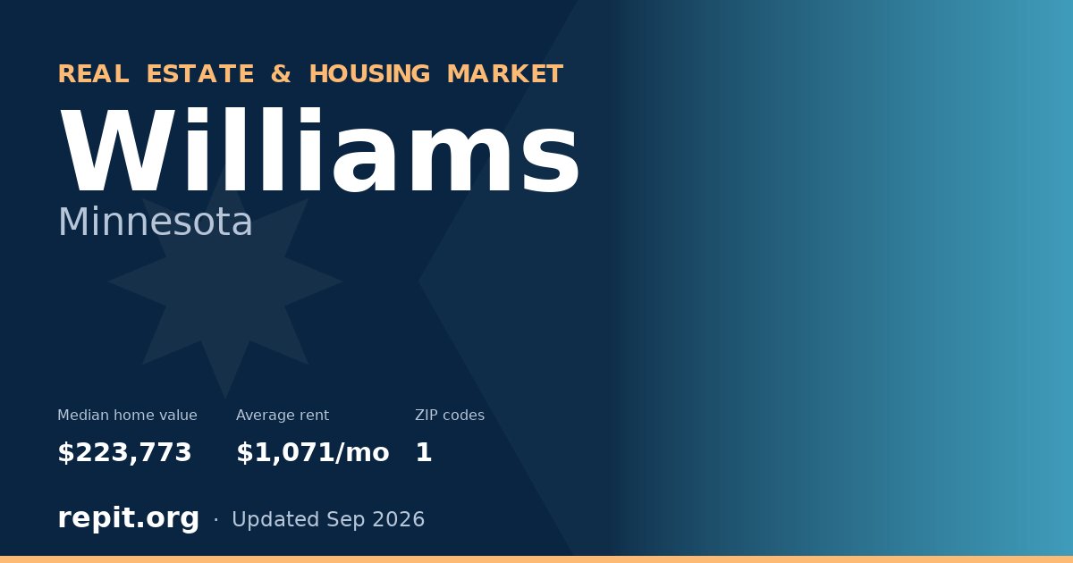 Williams, MN real estate and housing market — median home value $223,773, average rent $1,071/mo, 1 ZIP code