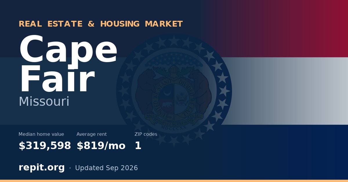 Cape Fair, MO real estate and housing market — median home value $319,598, average rent $819/mo, 1 ZIP code