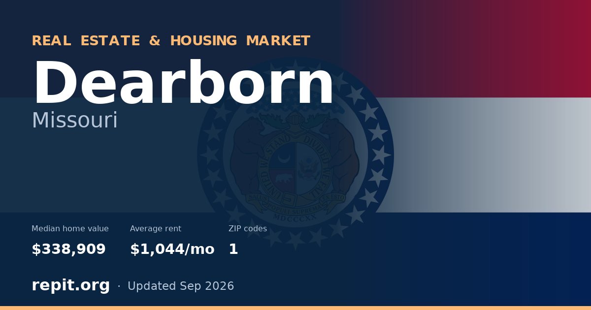 Dearborn, MO real estate and housing market — median home value $338,909, average rent $1,044/mo, 1 ZIP code