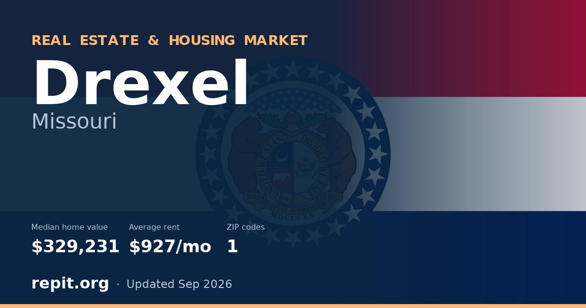 Drexel, MO real estate and housing market — median home value $329,231, average rent $927/mo, 1 ZIP code
