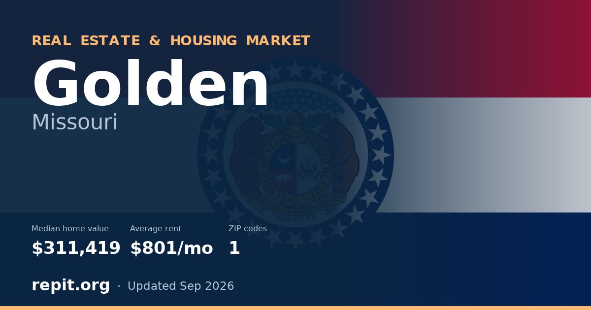 Golden, MO real estate and housing market — median home value $311,419, average rent $801/mo, 1 ZIP code