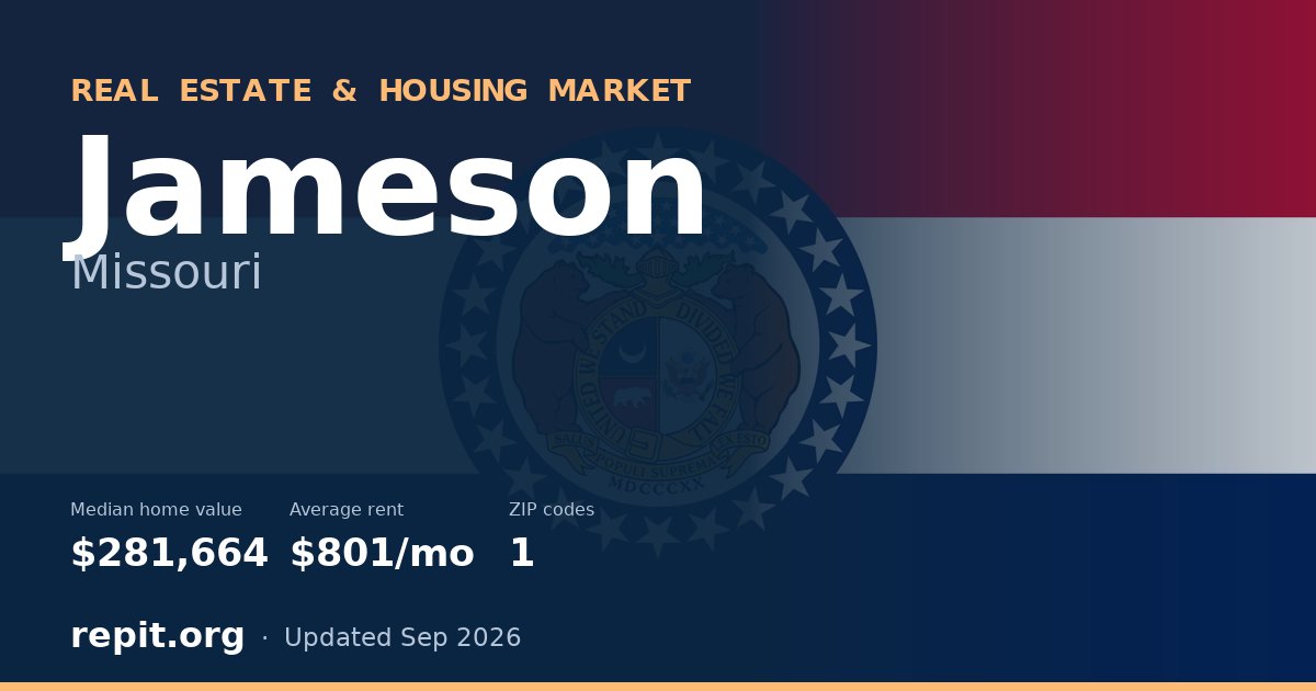 Jameson, MO real estate and housing market — median home value $281,664, average rent $801/mo, 1 ZIP code
