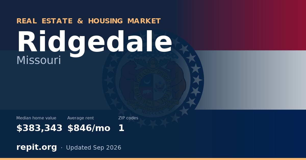 Ridgedale, MO real estate and housing market — median home value $383,343, average rent $846/mo, 1 ZIP code