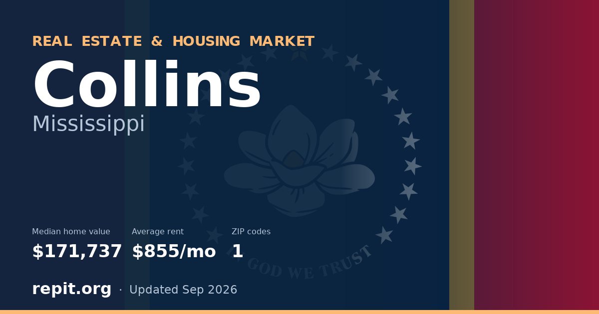 Collins, MS real estate and housing market — median home value $171,737, average rent $855/mo, 1 ZIP code