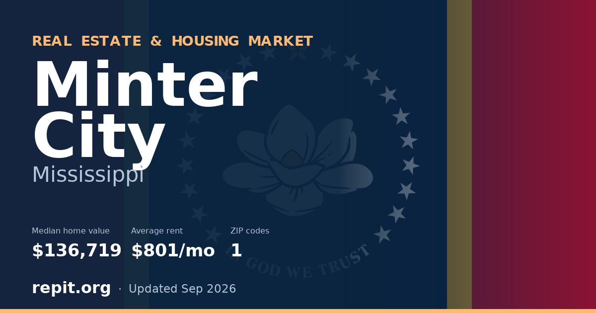 Minter City, MS real estate and housing market — median home value $136,719, average rent $801/mo, 1 ZIP code