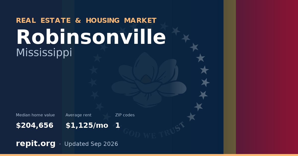 Robinsonville, MS real estate and housing market — median home value $204,656, average rent $1,125/mo, 1 ZIP code